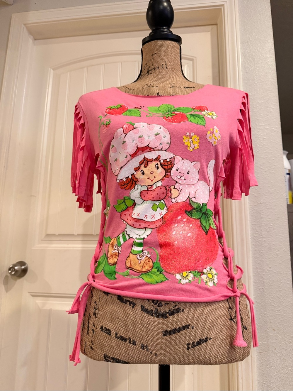 Strawberry Shortcake Upcycled Fringe Tee – Small